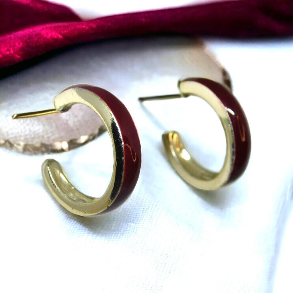 Small Hoop Earrings Plumb Dark Red Enamel Inlay Silver Tone SKU P34